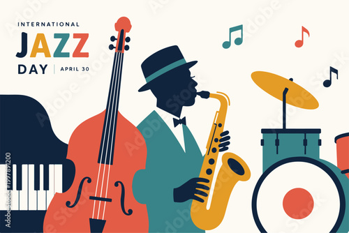 International Jazz Day Illustration with Musicians Playing Saxophone, Double Bass, Piano, and Drums in Flat Minimalist Style