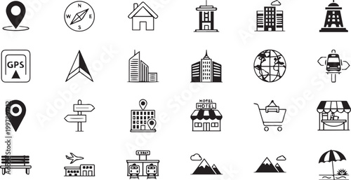 Navigation and Travel Icon Set, Location Pins, GPS, Maps, Buildings and Transport Vector Collection