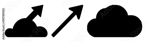 Cloud deployment icon set with a solid black arrow emerging from a cloud, symbolizing upload, featuring cloud, arrow, upload with technology and network