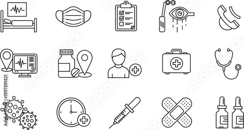 Black and white healthcare line icons representing patient treatment, medical monitoring, hospital equipment, wellness services, diagnostics, and professional healthcare concepts
