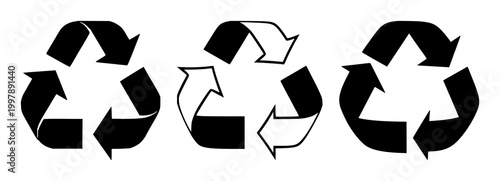 Universal recycling symbol set with solid black icon on white background featuring recycling, environmental, iconography with sustainability and waste reduction