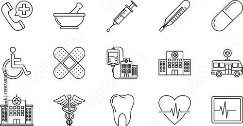 Black and white medical icons showing hospitals, ambulance, caduceus, heart monitoring, medicine tools, patient care, and essential healthcare services