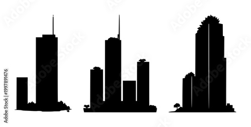 Green skyscraper icon set with solid black silhouette on white background featuring vertical greenery, urban forestry, sustainable architecture with eco-friendly and urban renewal