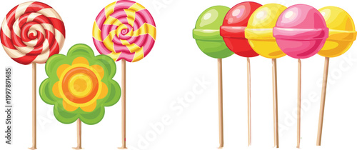 Set of colorful lollipops and candy sweets vector illustration featuring spiral round and flower shaped treats isolated for confectionery design and children themes