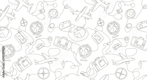 Continuous line art pattern featuring travel icons like airplanes and suitcases arranged in a repetitive style for creative design projects involving tourism and global navigation