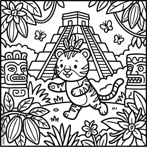 Schilderij op canvas Bold and Easy Tiger Coloring Page - Cozy Moment Cute Kawaii Wild Animal Minimali