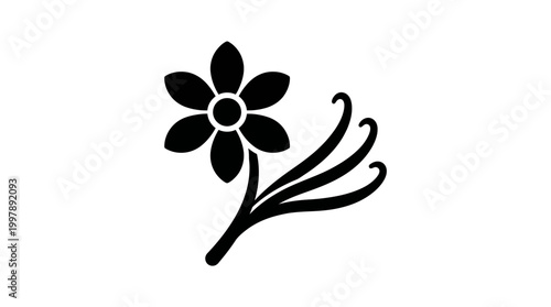 Minimalist black vanilla flower and pods silhouette, elegant botanical icon representing natural essence