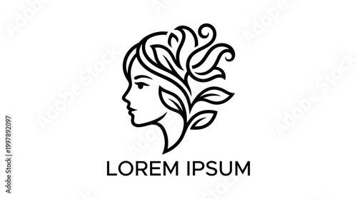 Elegant Minimalist Line Art Woman Profile with Organic Leaf Hair Design