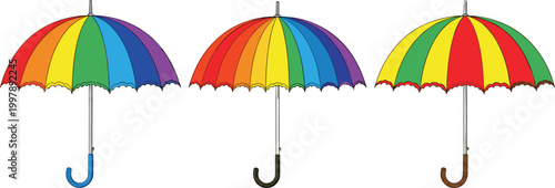 Set of colorful rainbow umbrellas vector illustration featuring vibrant weather protection accessories with curved handles isolated design for rainy season and cheerful themes