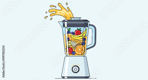 Quadro su tela A blender with fruits and juice splashing out