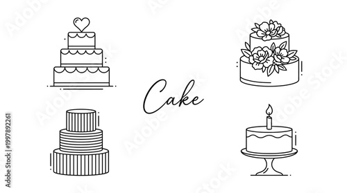 Wedding and Birthday Cakes Collection Outline Icons for Celebrations