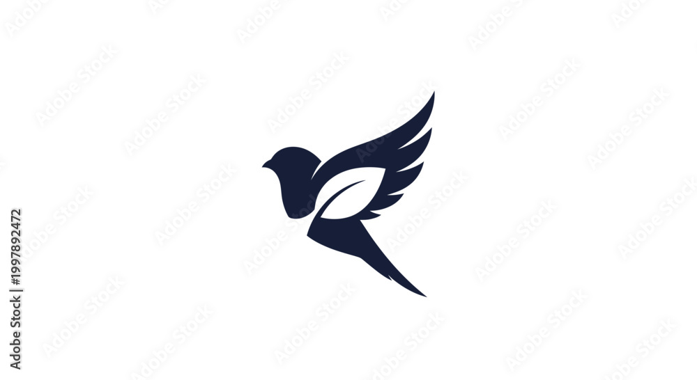 Fototapeta premium Minimalist bird logo with leaf wing, flying silhouette, vector design