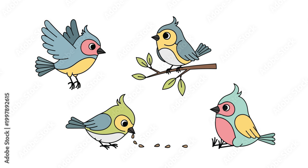 Obraz premium Cute Colorful Birds Seamless Pattern on Branch