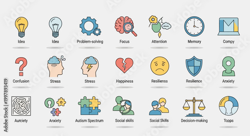 Collection of mental health and social skills icons.