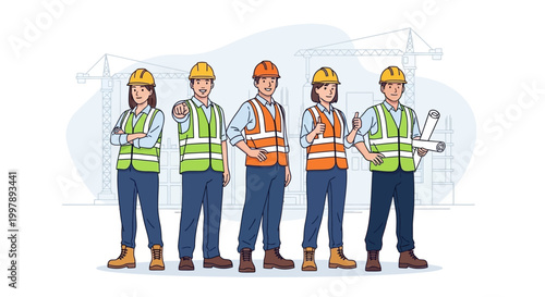 Construction workers in safety gear standing together.