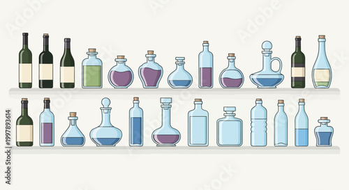 Collection of various laboratory glassware bottles.