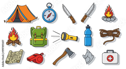 Camping gear and outdoor equipment icons.