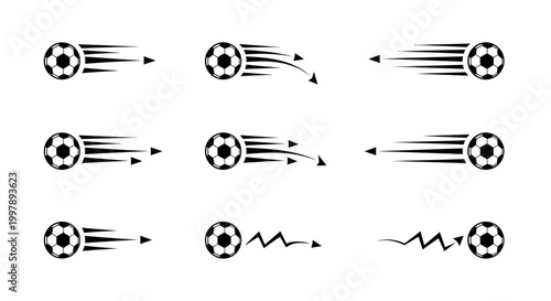 Cuadro en lienzo Soccer Ball Motion Icons Set - Speed Trails and Arrows