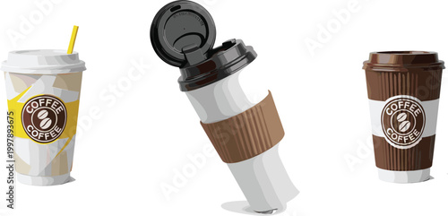 Set of disposable coffee cups vector illustration featuring takeaway drink containers with lids sleeves and branding for cafe beverage and takeaway service design