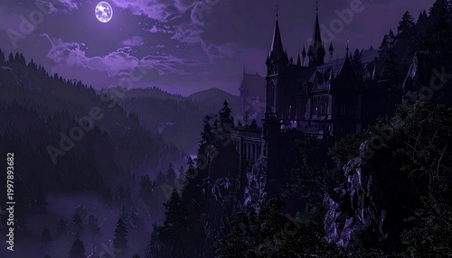 A mysterious castle sits atop a dark mountain under a purple moonlit night sky.