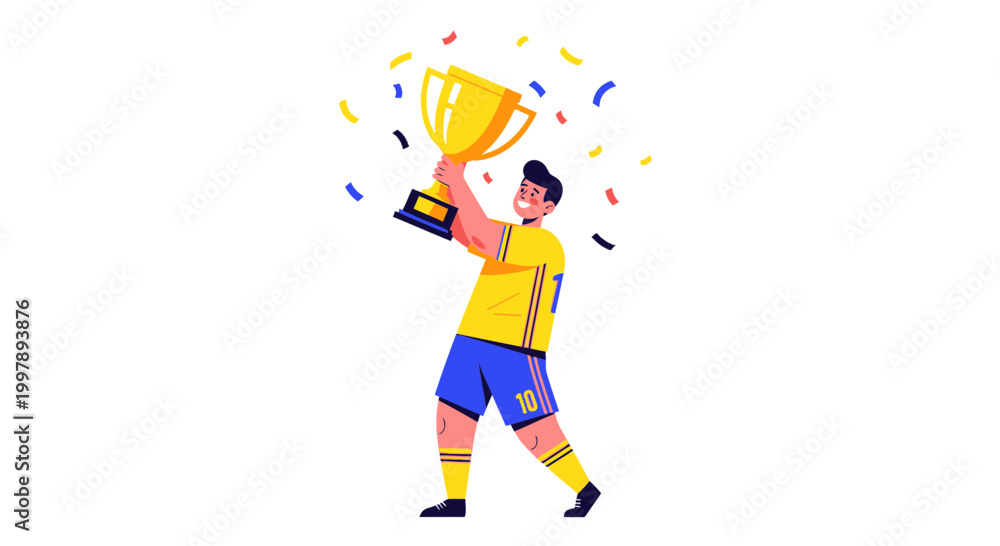 Fototapeta premium Soccer Player Celebrating Victory Holding Golden Trophy with Confetti