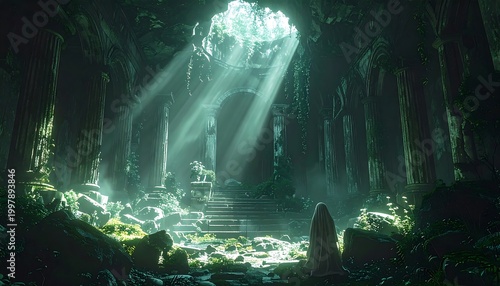 Mysterious woman explores ancient ruins with glowing plants and mysterious lights