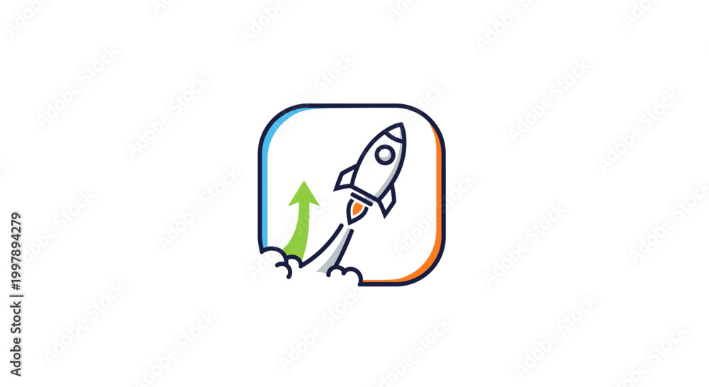 Fototapeta premium Startup rocket launching upwards with growth arrow, business concept icon