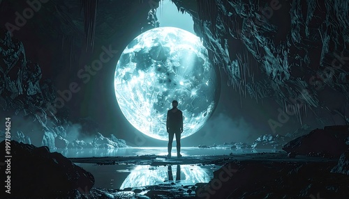 A person stands in a dark cave facing a giant glowing moon overhead.