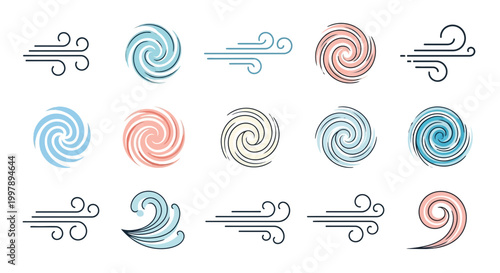 Wind and Swirl Icons: Air Flow, Breeze, Cyclone, Vortex, Weather Symbols