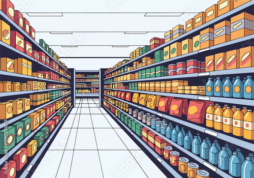 Tableau sur toile A colorful grocery store aisle with shelves stocked with products