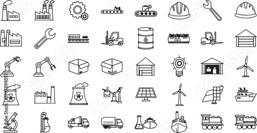 Industrial Line Icons Set – Factory, Logistics, Energy and Manufacturing Vector Collection