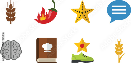 Set of Mixed Icons with Food, Brain, Book, Starfish, Chat Bubble, Wheat, Pepper, and Shoe for Education, Nature, and Communication Design Concepts