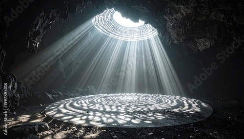 A beam of light shines on a geometric patterned platform in a dark cave.