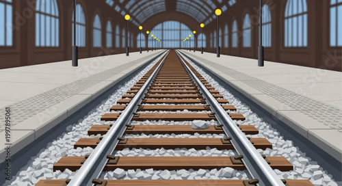 Train station tracks perspective view empty platform.