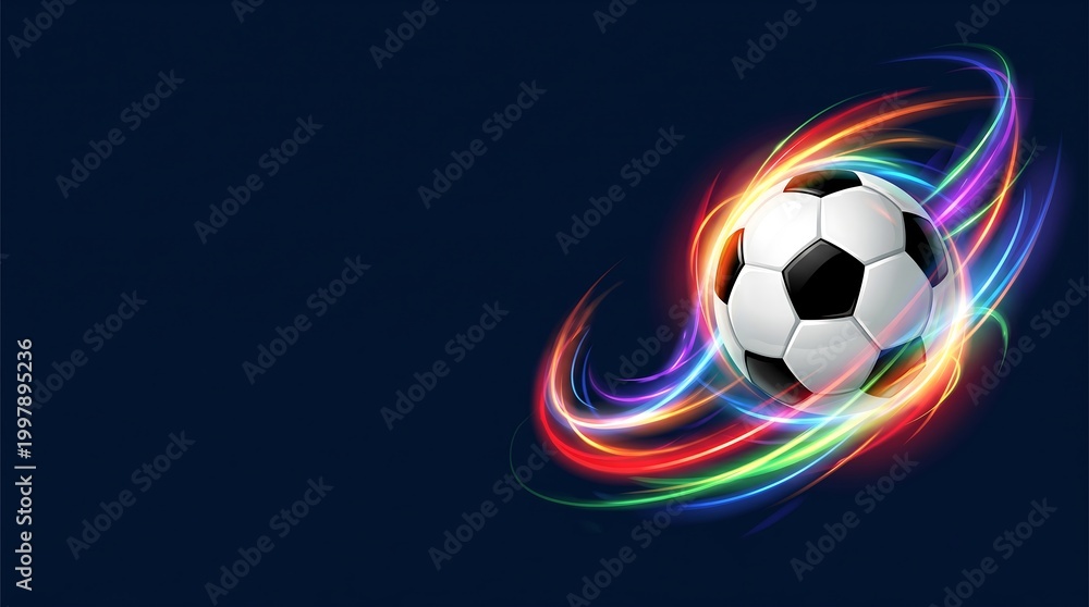 Naklejka premium Professional soccer ball surrounded by colorful dynamic neon light streaks.