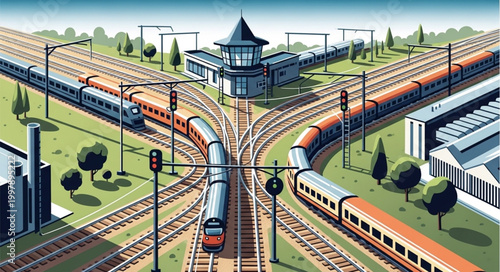 Busy Train Station with Multiple Tracks and Trains.