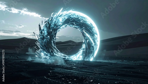 Glowing blue portal emerges from ground in desert landscape with dark stormy sky