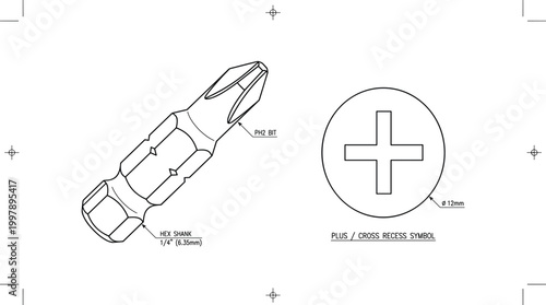 Phillips screwdriver bit technical drawing featuring cross head screw detail measurement blueprint and engineering tool specification vector illustration