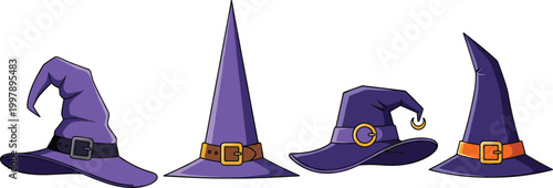 Set of purple witch hats vector illustration featuring Halloween themed pointed hats with buckles and magical style for spooky costume and festive design