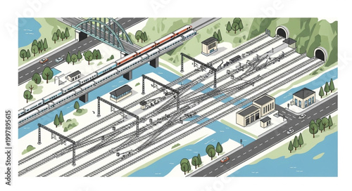 Busy train station with multiple tracks and trains.