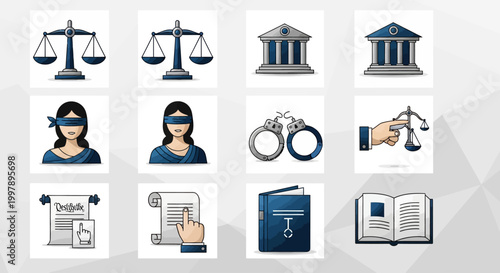 Justice law and legal system icons.