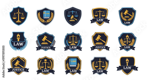 Law symbols and badges icons set.