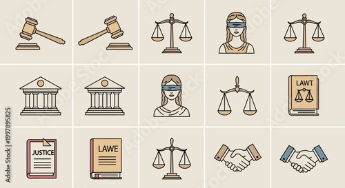 Law and Justice Symbols Icons Set.