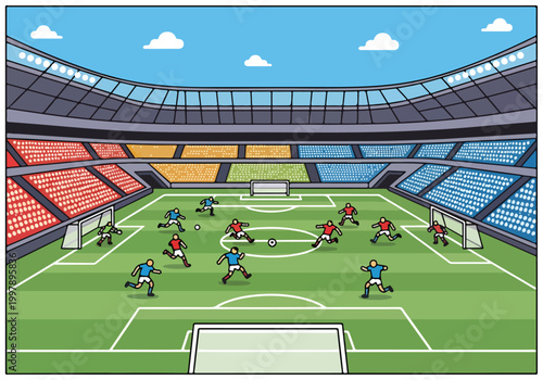 Fotografi A soccer game in a crowded stadium with green field