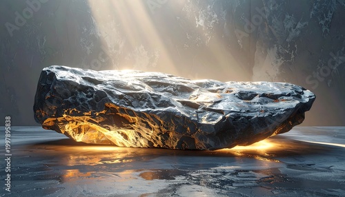 Glowing metallic rock formation illuminated from beneath on a dark surface