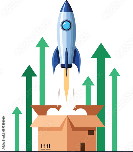Rocket Launching from Open Cardboard Box with Green Upward Arrows