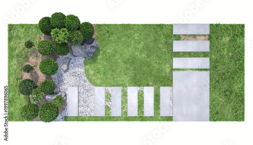 Minimalist Backyard Garden Layout Top View with Stepping Stone Path and Trimmed Shrubs