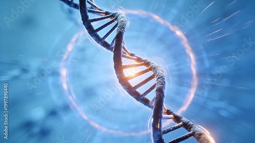 Digital DNA double helix structure with blue glow and particles