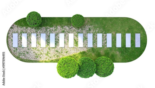 Minimalist Backyard Garden Layout Top View with Stepping Stone Path and Trimmed Shrubs