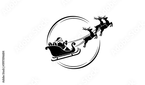 Santa Claus sleigh label vector with reindeer and Saint Nicholas vintage monochrome emblem isolated on white background